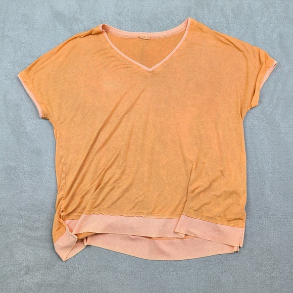 Kori Boho Mineral Wash V-Neck Layered Hem Top M Orange Relaxed Fit Short Slv — photo 2